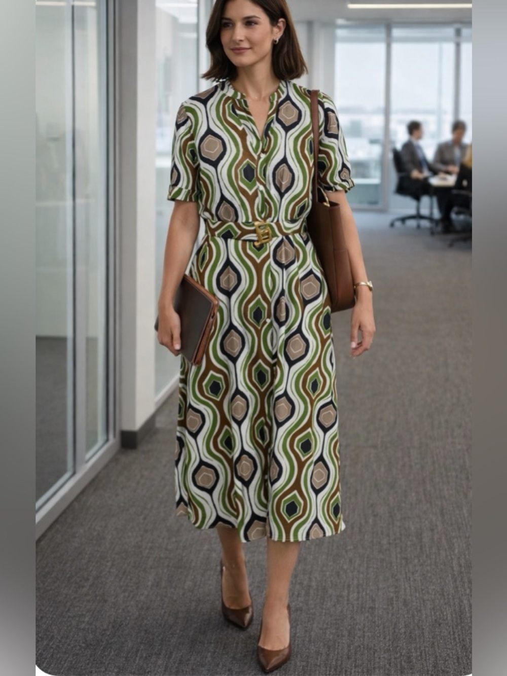 Kaktus Retro button down Cotton Geometric Midi Dress size XL in Green